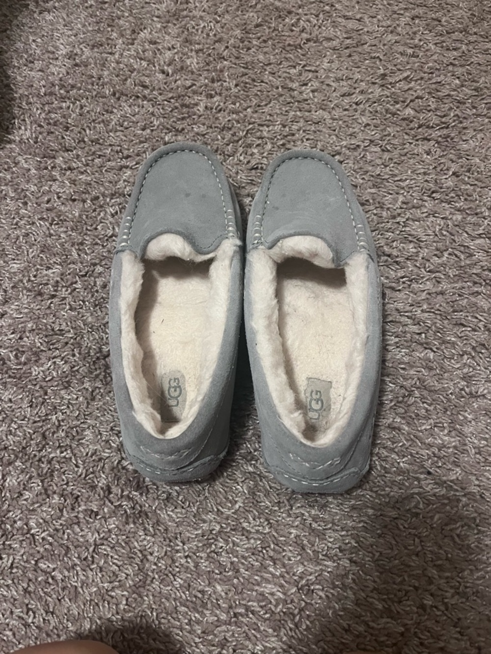 UGG Women's Light Gray Suede Moccasin Slippers with Shearling Lining